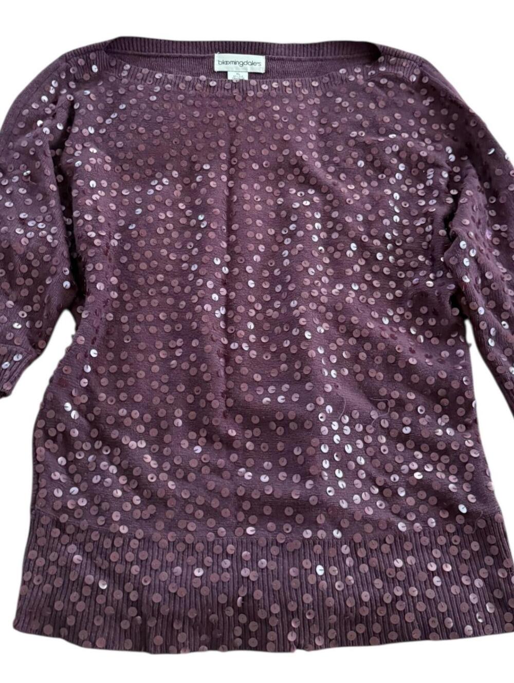 Bloomingdaleโs Plum Sequin Knit Sweater 3/4 Sleeve Silk Blend XL
